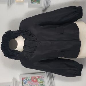 St. John Black Satin Puffer Ruffle Collar A-line Pleat sz Medium